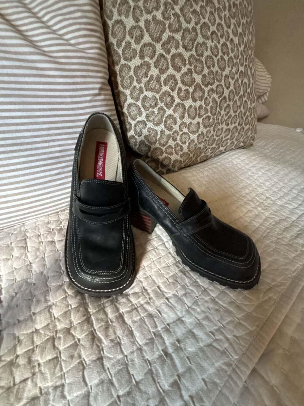 Unionbay Vintage Y2K Black Leather Chunky Heel Loafers